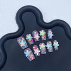 Transparent Glitter Press-On Nails | Iridescent Starfish & Colorful Rhinestones | Dreamy Ocean Nail Art for Summer & Beach