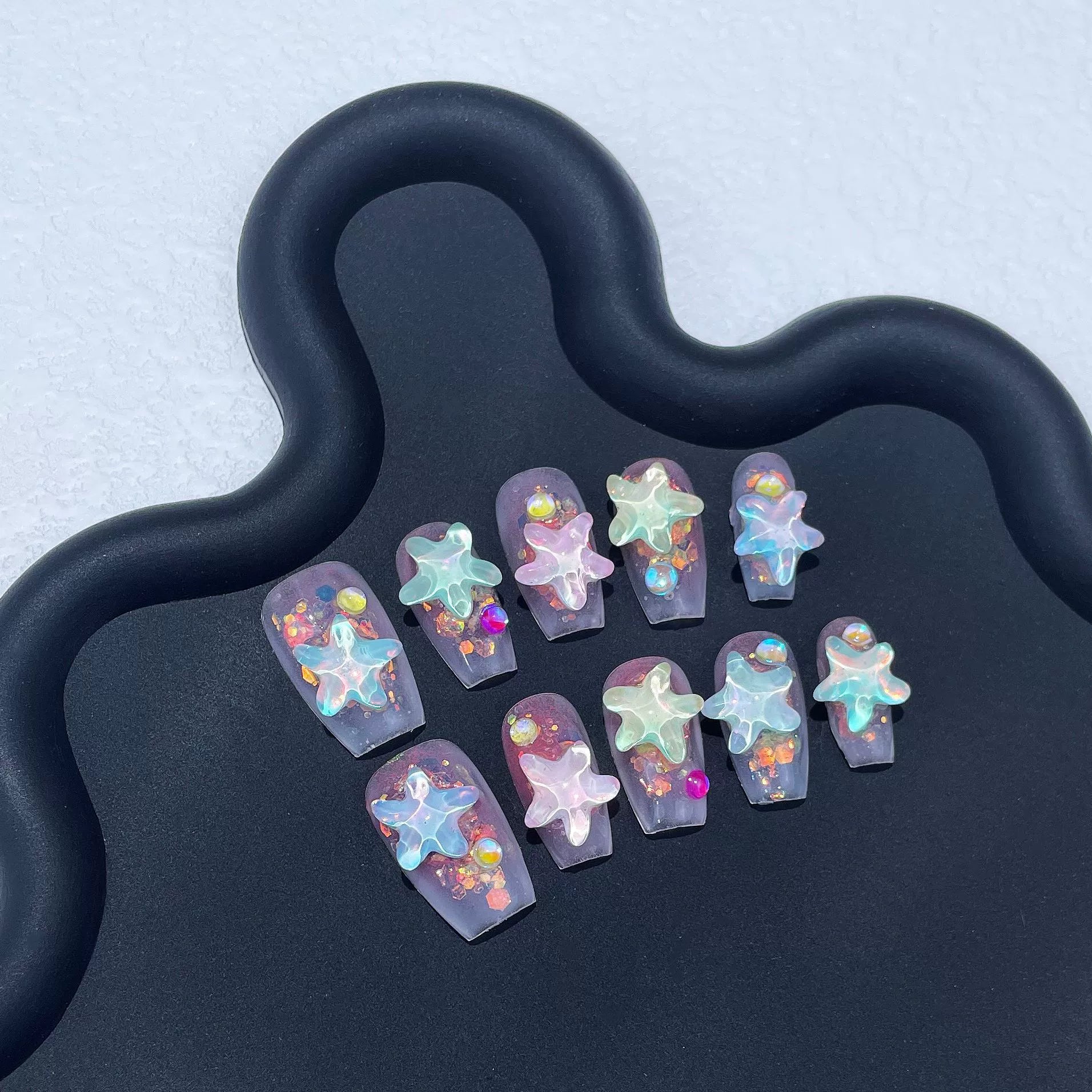 Transparent Glitter Press-On Nails | Iridescent Starfish & Colorful Rhinestones | Dreamy Ocean Nail Art for Summer & Beach