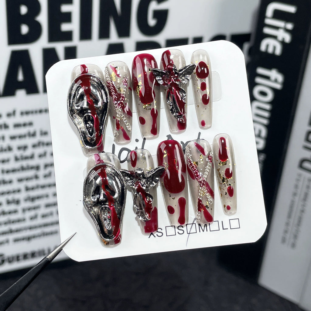 Transparent & Deep Red Gothic Press-On Nails | Angel & Ghost Design | Dark Religious Horror Nails for Halloween, Gothic Party, Dark Art Event