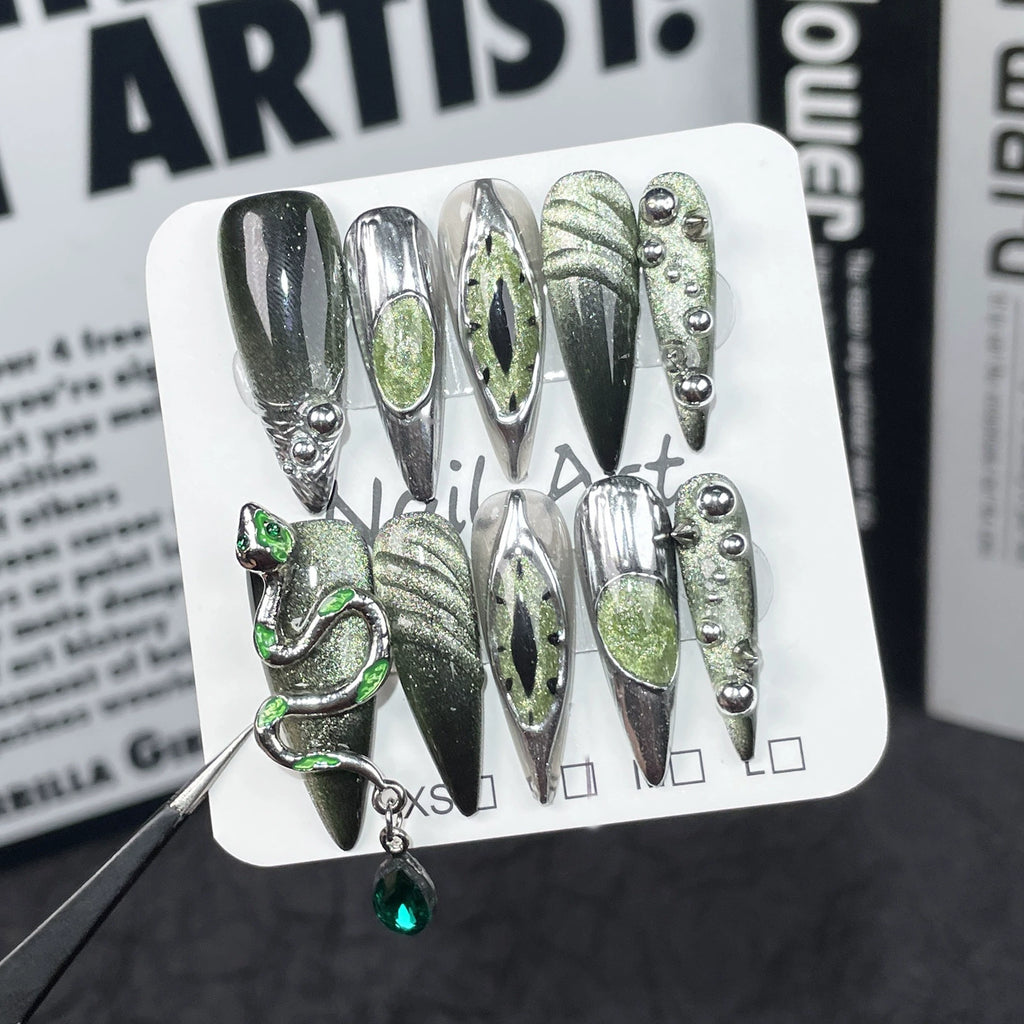 Black and Green Snake Press-On Nails | Silver Metallic Gothic Nail Art with Green Glitter | Dark Halloween Party Nails
