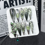 Black and Green Snake Press-On Nails | Silver Metallic Gothic Nail Art with Green Glitter | Dark Halloween Party Nails