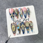 Pink Blue Gradient Nails with Gold Crosses & Madonna Charms | Sweet Luxurious Press-On Nail Art for Weddings & Christmas