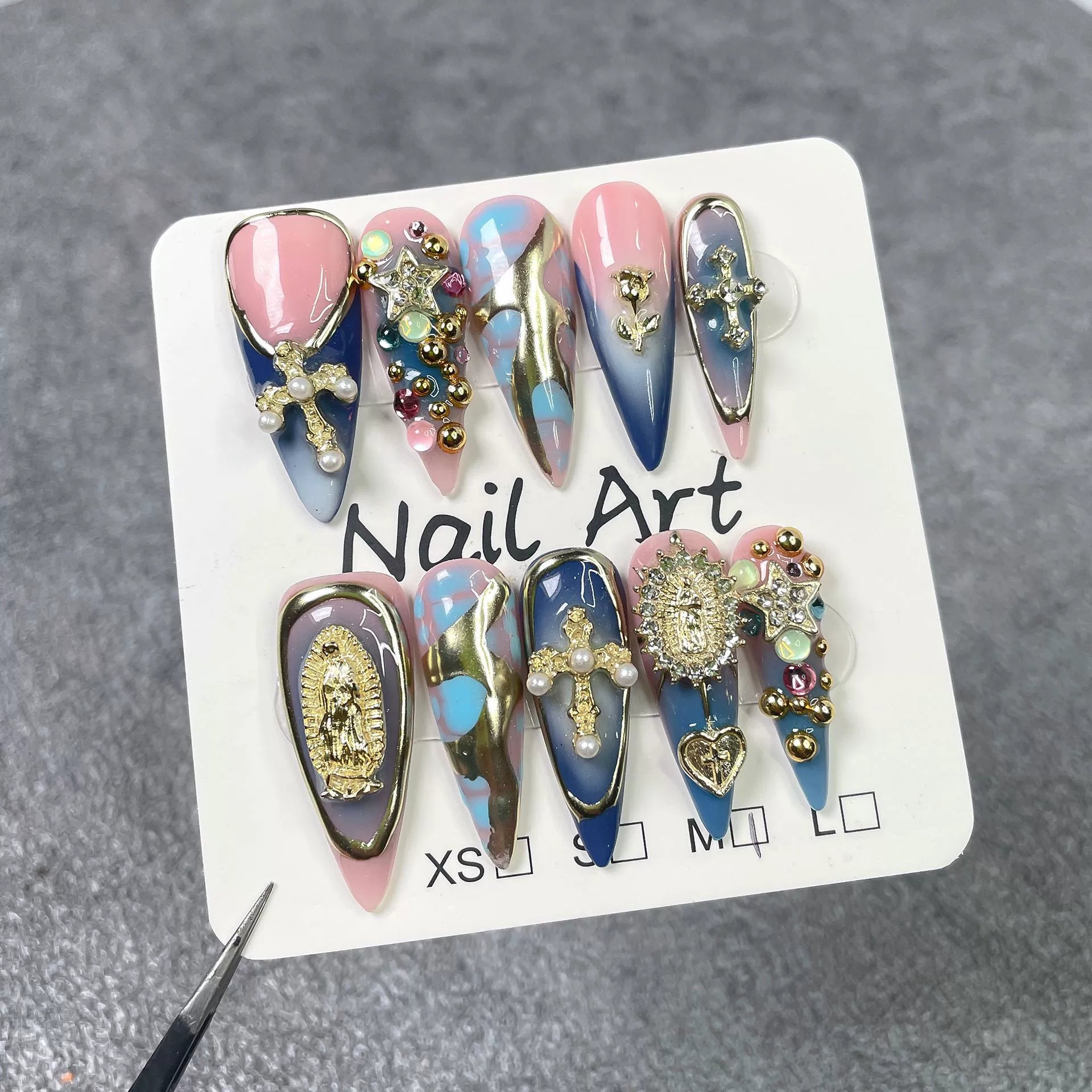 Pink Blue Gradient Nails with Gold Crosses & Madonna Charms | Sweet Luxurious Press-On Nail Art for Weddings & Christmas