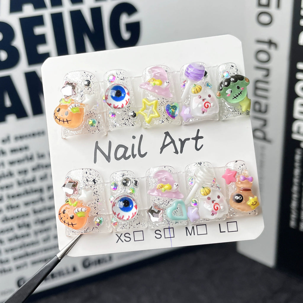 Halloween Cute 3D Press-On Nails with Pumpkin, Eyeball, Witch Hat & Candy | Spooky Glitter Party Nails for Halloween Costume & Events