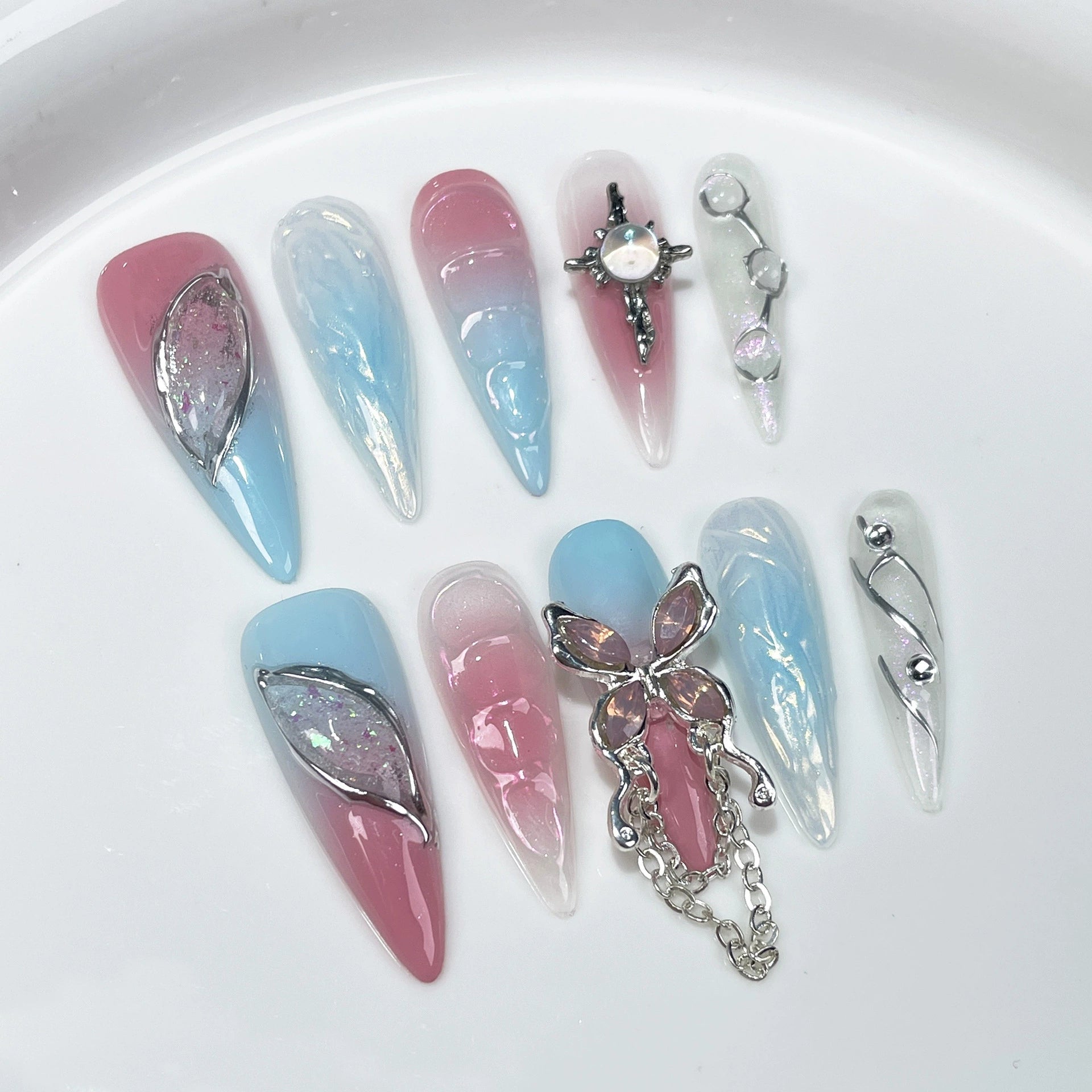 Pink & Blue Gradient Press-On Nails with Silver Cross, Butterfly & Holographic Gems | Sweet Dreamy Girl Style for Parties & Conventions
