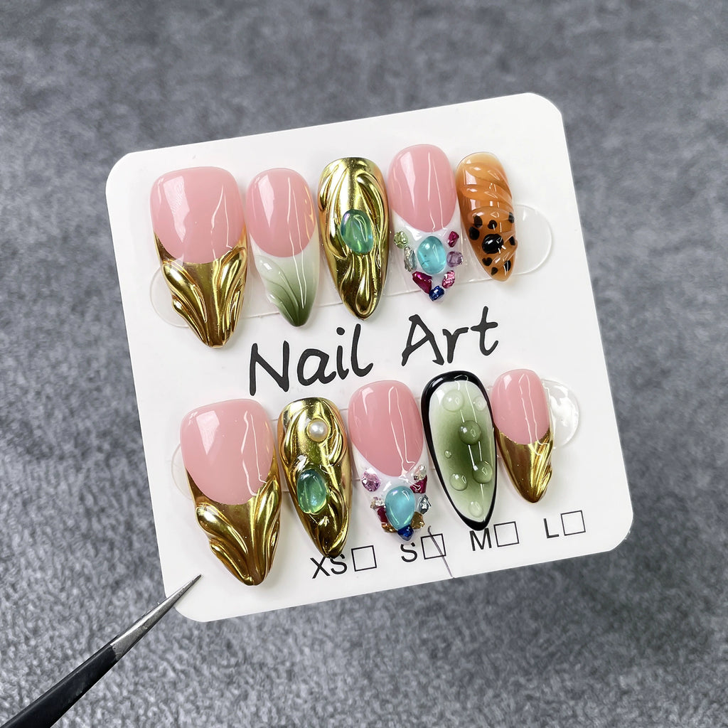Artistic Luxe Press-On Nails | Pink Gold Green with Colorful Gemstones & Pearls | Creative Glam Nails for Party & Exhibition