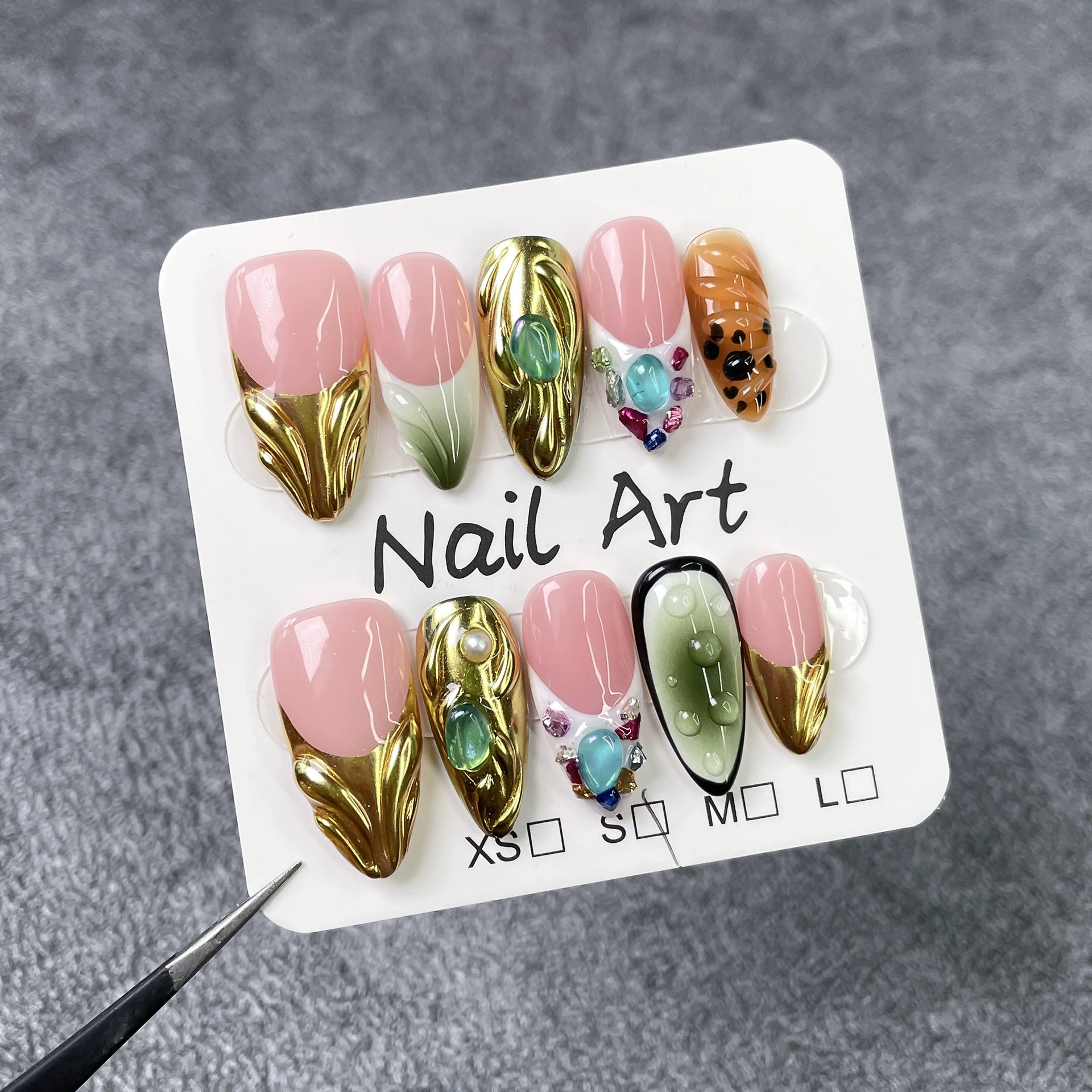 Artistic Luxe Press-On Nails | Pink Gold Green with Colorful Gemstones & Pearls | Creative Glam Nails for Party & Exhibition