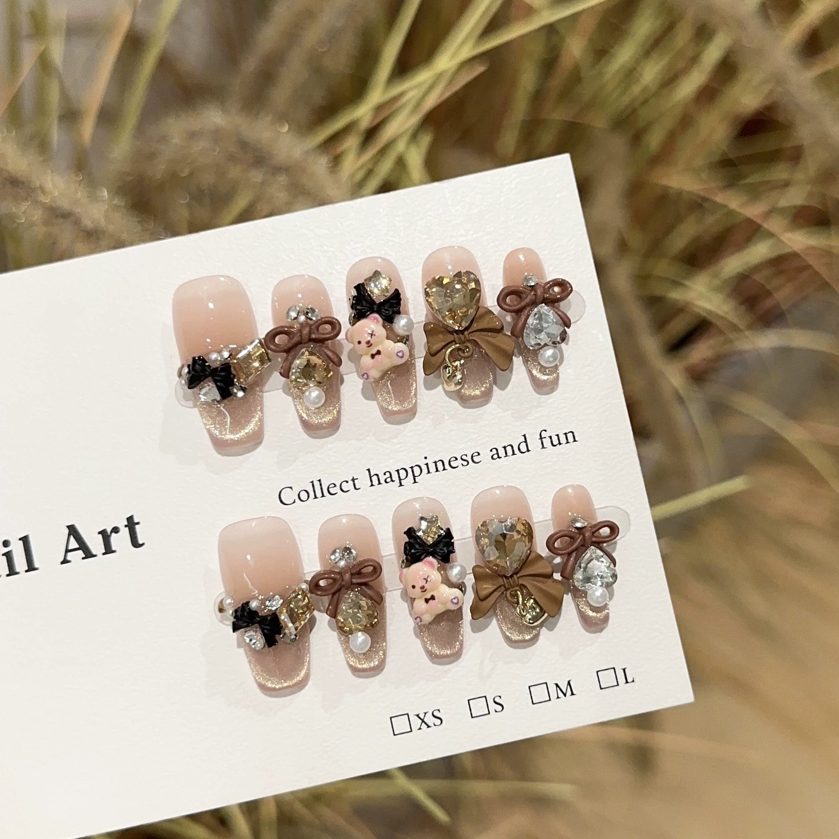 Nude Pink Glitter Press-On Nails | 3D Bows, Teddy Bears, Pearls & Rhinestones | Sweet Elegant Luxury Nail Art for Parties & Dates