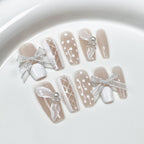 Nude Pink & White Press-On Nails | Silver Bows, Polka Dots, Grid Patterns & Pearl Decorations | Elegant Sweet Lady Nail Art for Wedding & Dates