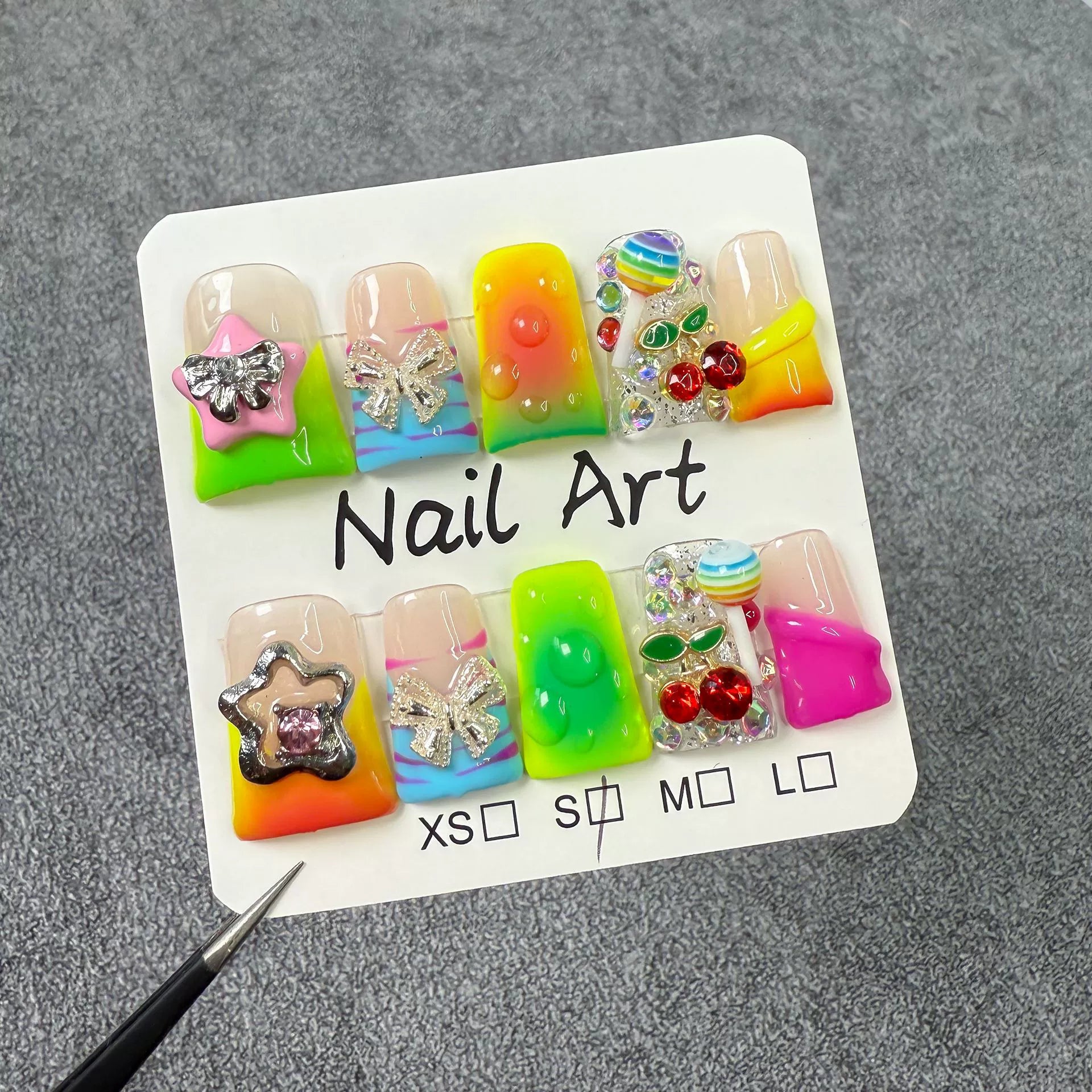 Rainbow Gradient Press-On Nails | Neon Candycore 3D Lollipop Butterfly Star Nail Art | Colorful Glitter Nails for Festival Party