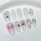 Transparent Iridescent Press-On Nails | 3D Stars, Hand-Painted Bows & Pearls | Ethereal Fairy Nail Art for Parties & Photoshoots