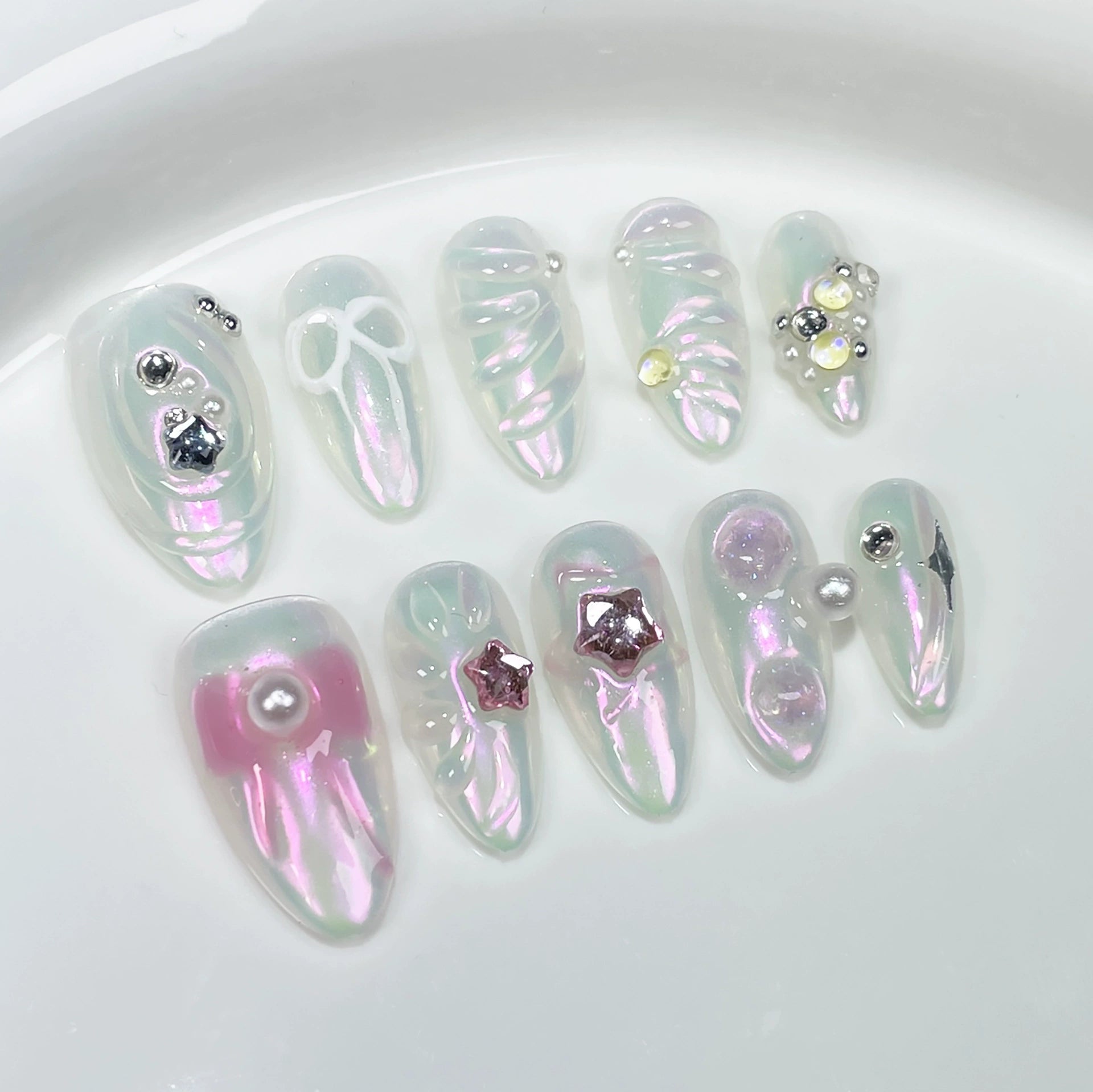Transparent Iridescent Press-On Nails | 3D Stars, Hand-Painted Bows & Pearls | Ethereal Fairy Nail Art for Parties & Photoshoots