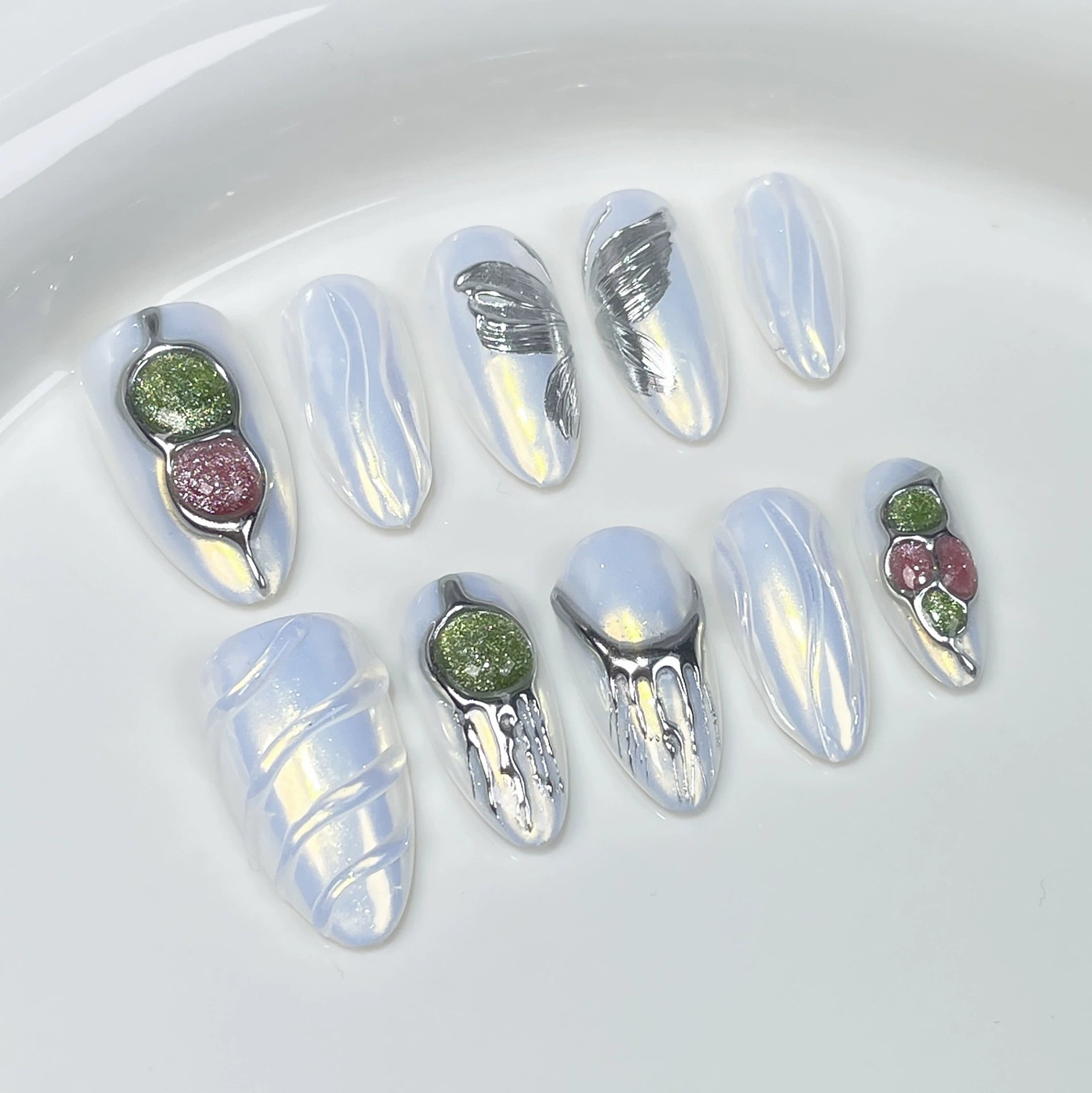 Dreamwave White Pearlescent Press-On Nails | Silver Metallic Glitter Nail Art | Futuristic Party Nails