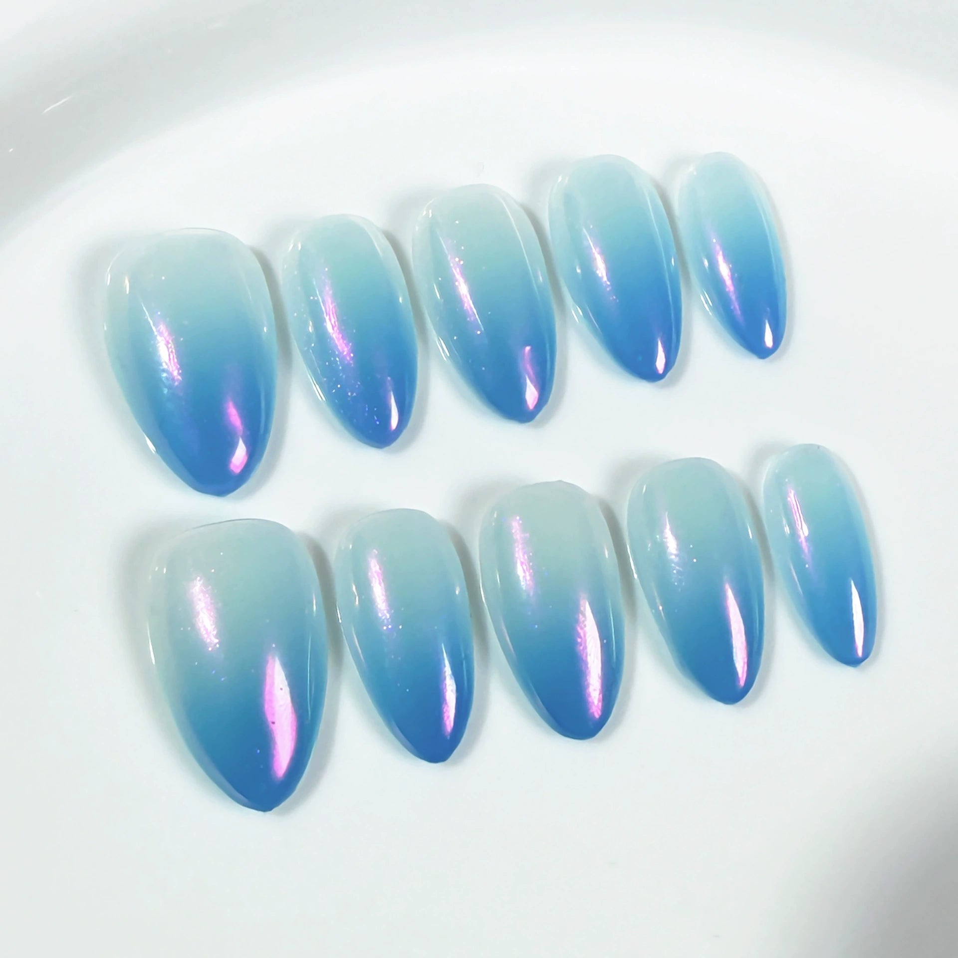 Blue Gradient Aurora Press-On Nails with Iridescent Shimmer | Dreamy Ocean & Aurora Nail Art for Summer & Vacation