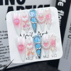 White Pink Blue Press-On Nails with 3D Hearts & Pearls | Sweet Girly Nail Art for Valentine’s Day & Birthday Parties