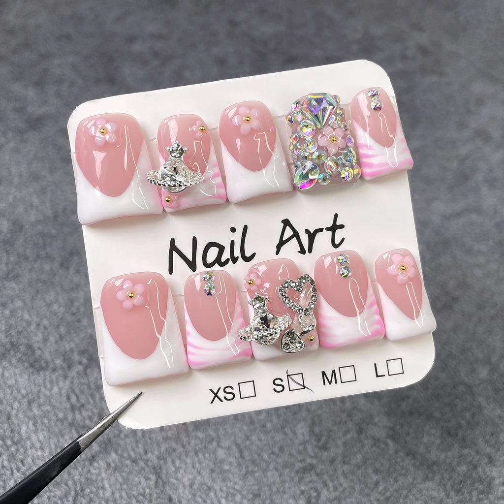 Elegant French Nude Pink Press-On Nails | 3D Flower & Crystal Nail Art with Silver Heart Ring Accents | Luxury Princess Nails for Wedding & Valentine’s Day