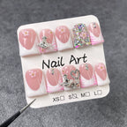 Elegant French Nude Pink Press-On Nails | 3D Flower & Crystal Nail Art with Silver Heart Ring Accents | Luxury Princess Nails for Wedding & Valentine’s Day