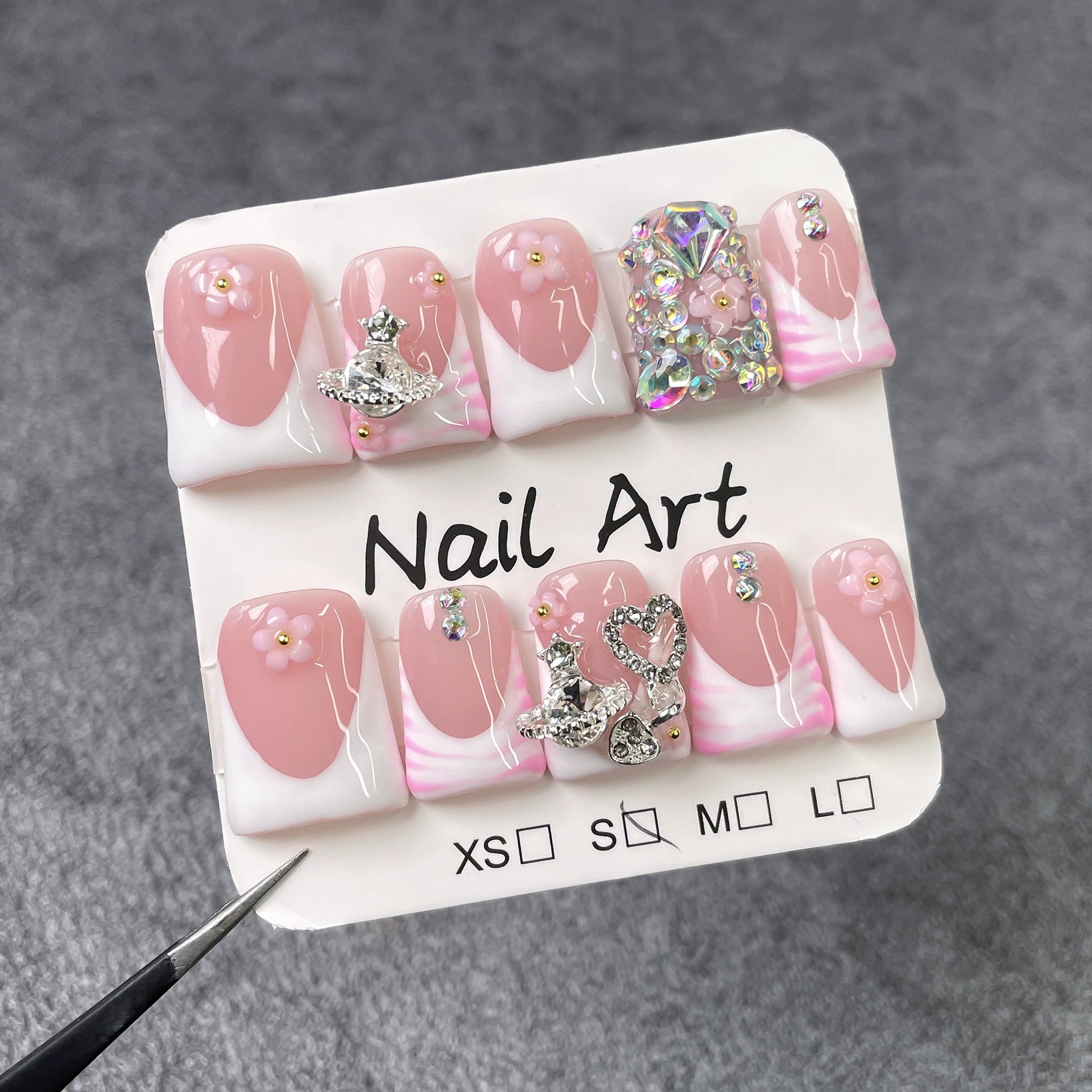 Elegant French Nude Pink Press-On Nails | 3D Flower & Crystal Nail Art with Silver Heart Ring Accents | Luxury Princess Nails for Wedding & Valentine’s Day