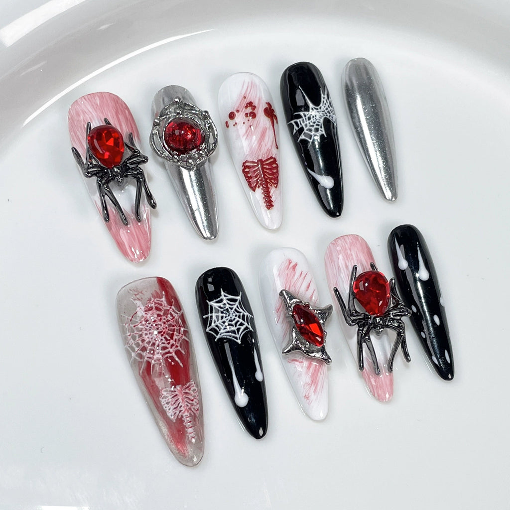 Dark Gothic Halloween Press-On Nails - Black, White & Red with Spider, Web & Blood Designs | Spooky Party & Cosplay Nail Art