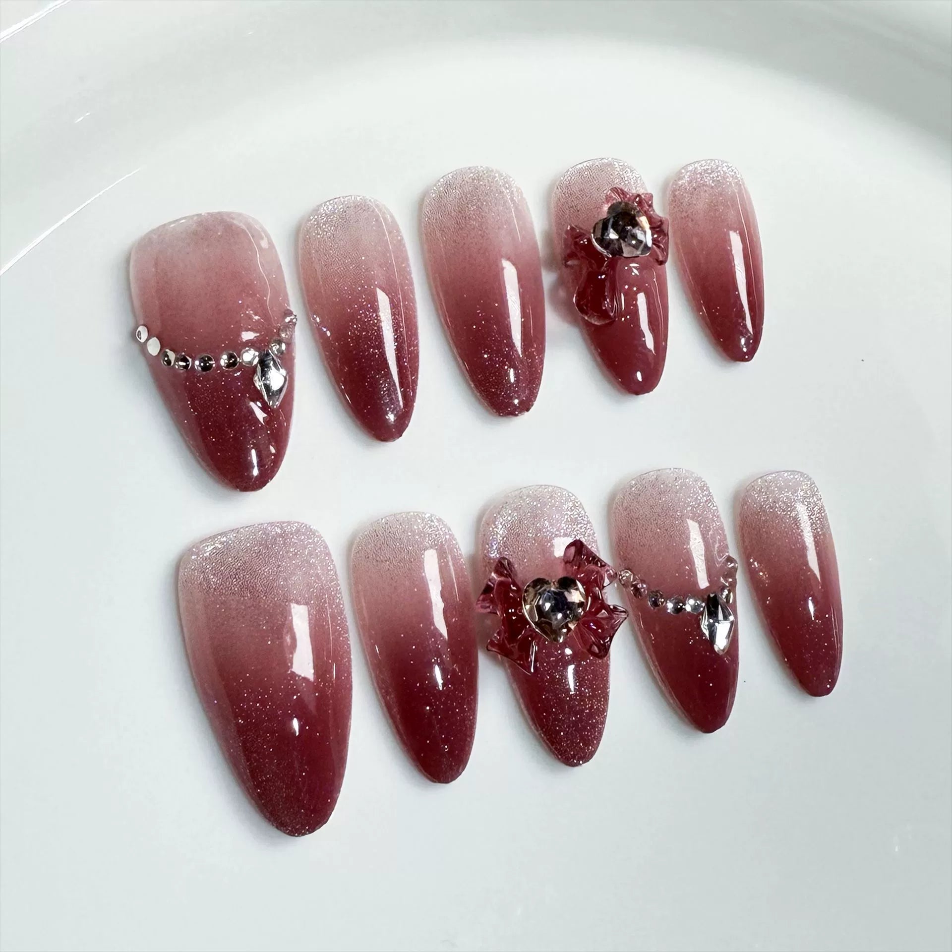 Romantic Bloom - Red Pink Gradient Glitter Press-On Nails | Elegant Nail Art with Silver Heart & Chain Accents | 3D Red Flower Nails for Wedding & Date Look