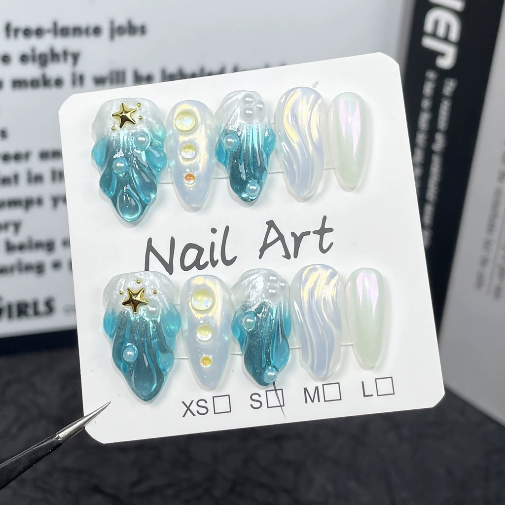 Ocean Whispers Nail Bundle 3 Sea-Inspired Press On Nail Sets - Mermaid Sparkle, Ocean Wave & Silver Coral Vibes