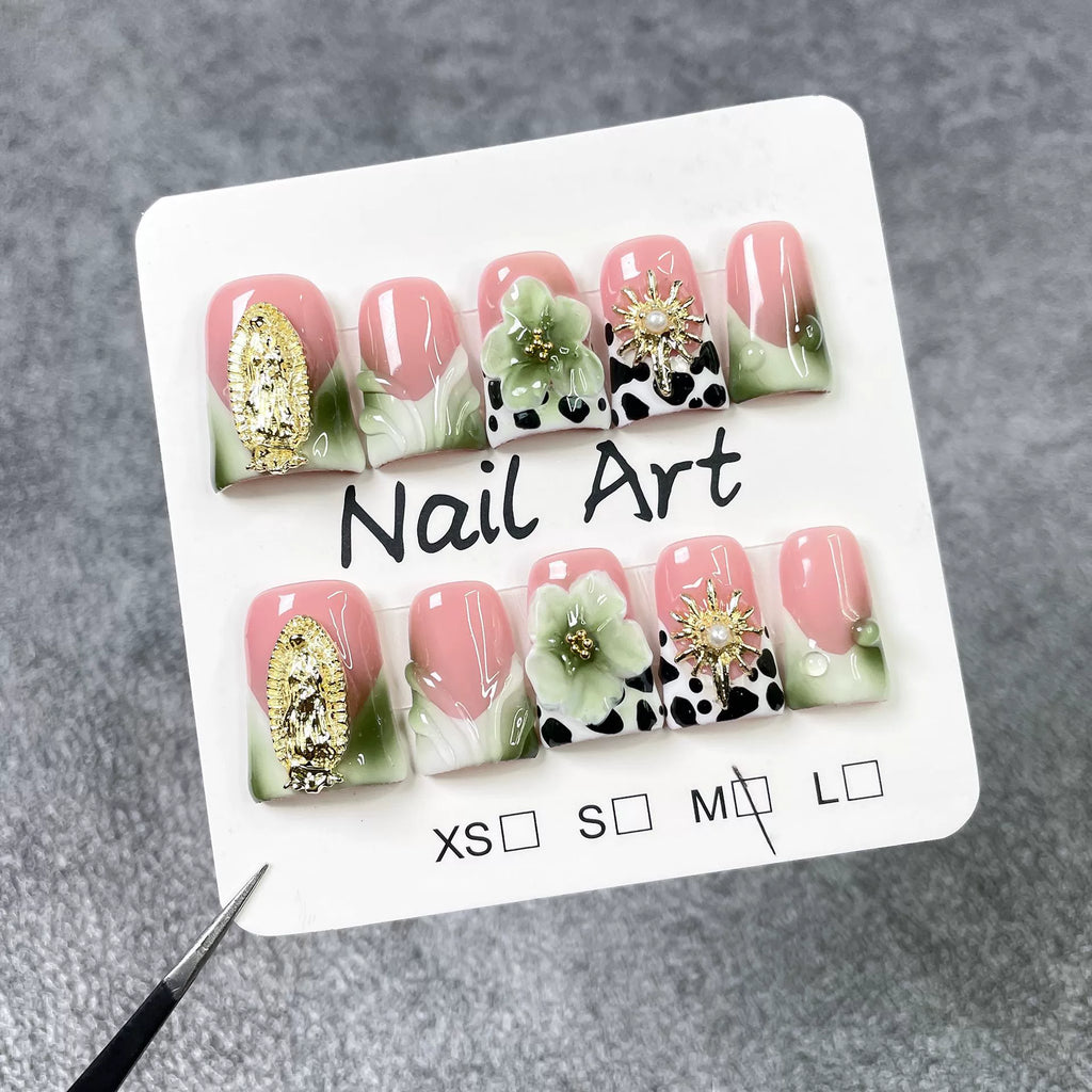 Pink Olive Green Gradient Press-On Nails | Vintage Religious Art Style with Leopard Print, Gold Embossed Charms & Pearls
