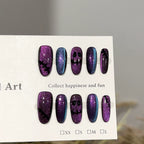 Spooky Halloween Ghost Press-On Nails - Black Face & Thorn Accents | Purple-Blue Gradient Glitter Nails for Halloween Party