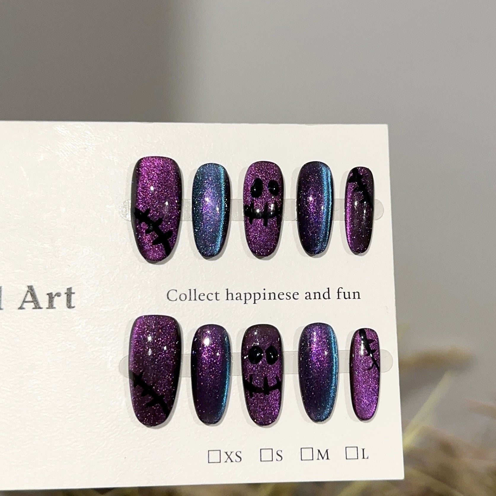Spooky Halloween Ghost Press-On Nails - Black Face & Thorn Accents | Purple-Blue Gradient Glitter Nails for Halloween Party