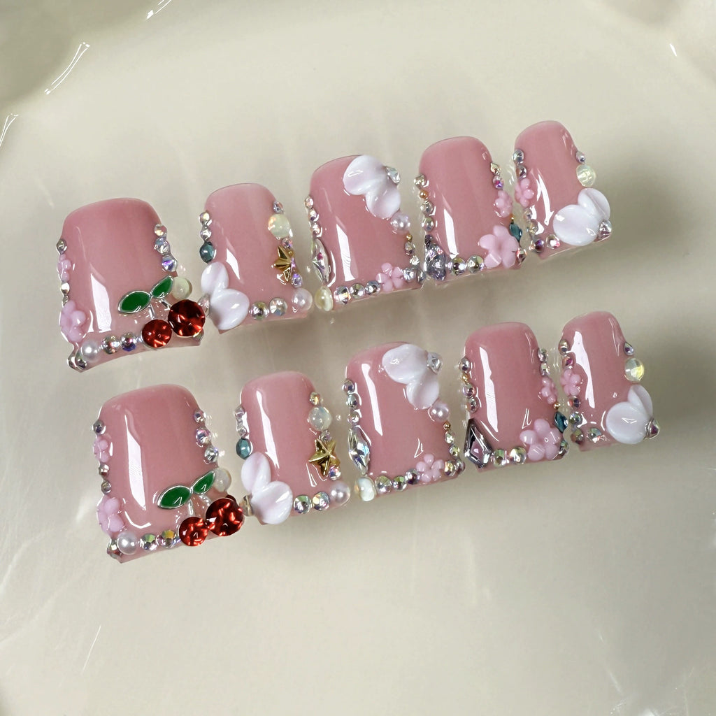 Sweet Pink Cherry Press-On Nails | 3D Flower & Pearl Nail Art with Rhinestones | Cute Romantic Nails for Valentine’s Day & Date Looks