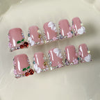 Sweet Pink Cherry Press-On Nails | 3D Flower & Pearl Nail Art with Rhinestones | Cute Romantic Nails for Valentine’s Day & Date Looks