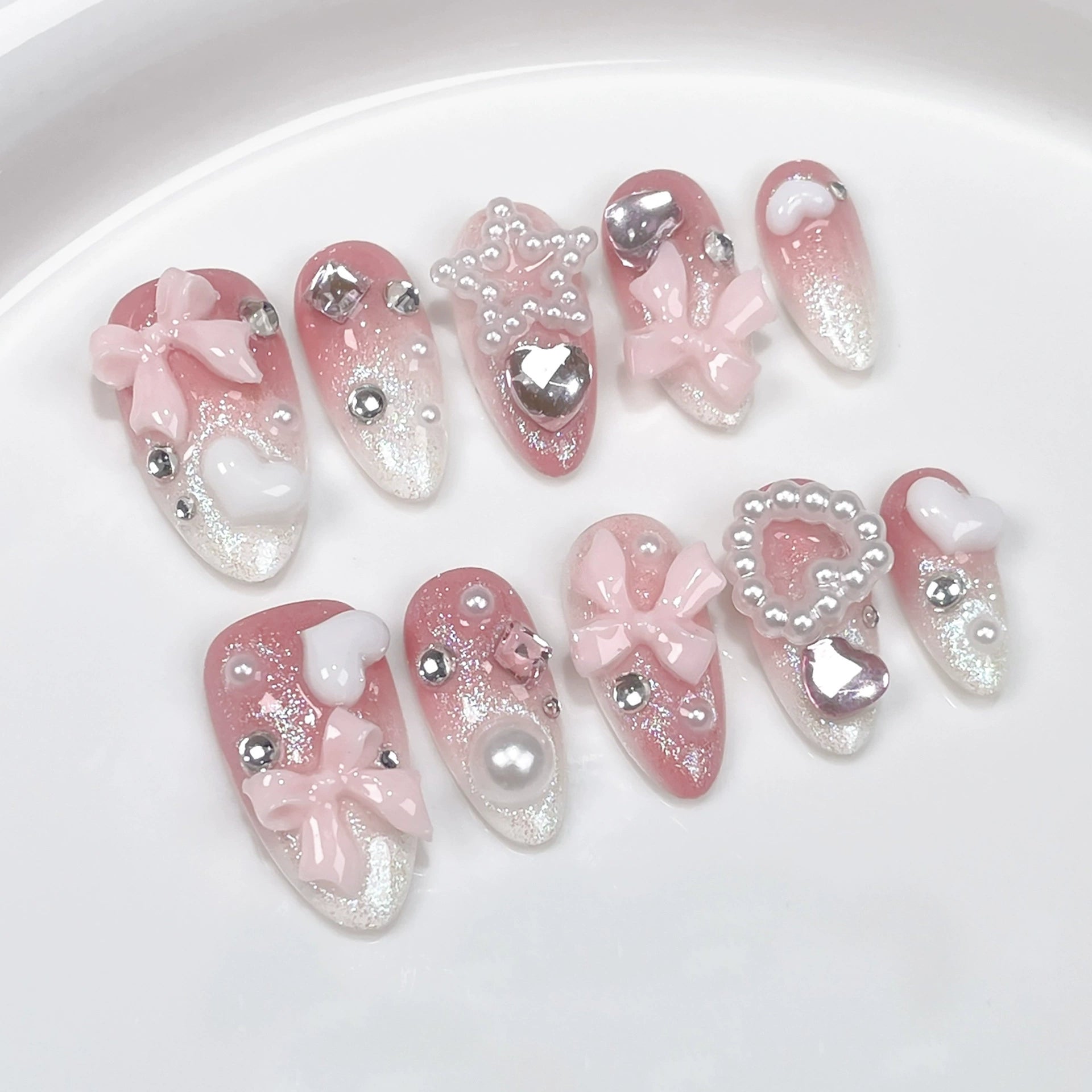 Pink White Gradient Press-On Nails | 3D Bows, Hearts & Pearl Rhinestones | Dreamy Princess Nail Art for Romantic Occasions