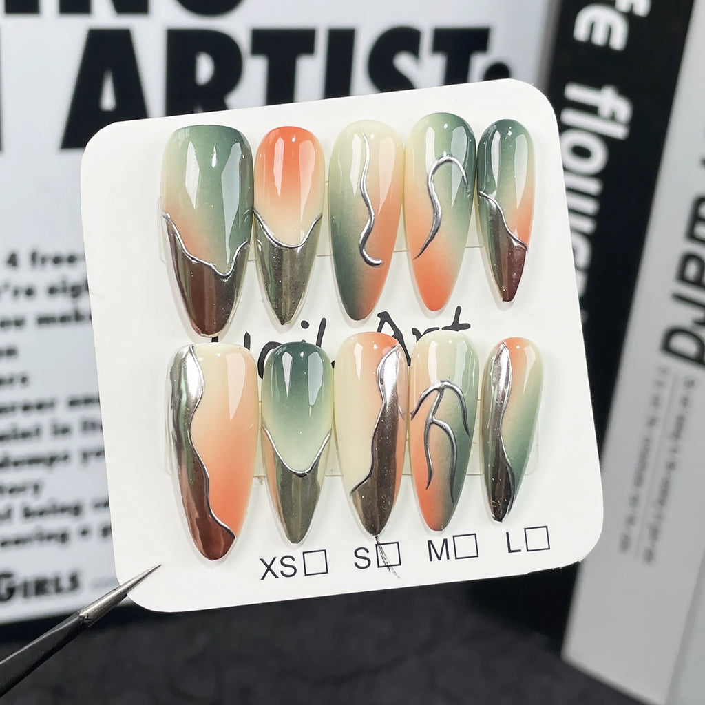 Black & Pink Glitter Press-On Nails - Silver Stars & Abstract Lines | Cute Yet Edgy 3D Nails for Trendy Parties