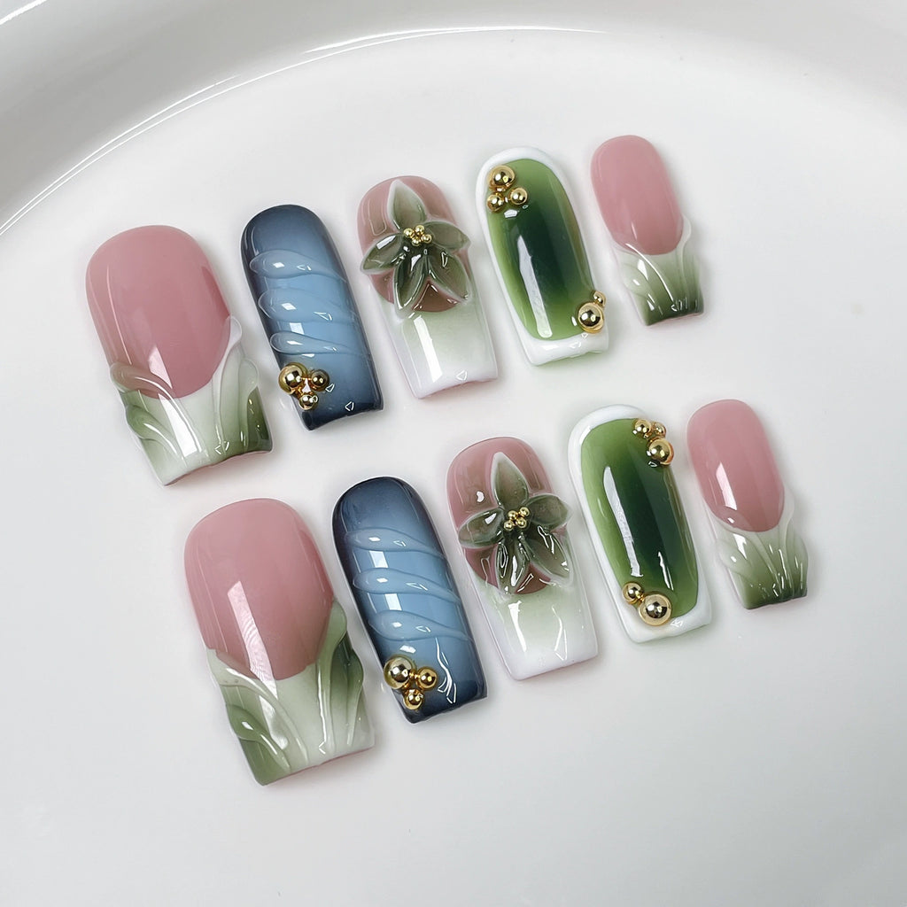 Pastel Garden Bloom - Floral Press-On Nails | 3D Gradient Nail Art for Spring Picnic & Tea Party | Elegant Gold Bead Nails with Pink, Blue & Green Tones