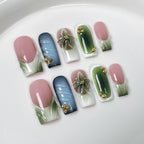 Pastel Garden Bloom - Floral Press-On Nails | 3D Gradient Nail Art for Spring Picnic & Tea Party | Elegant Gold Bead Nails with Pink, Blue & Green Tones