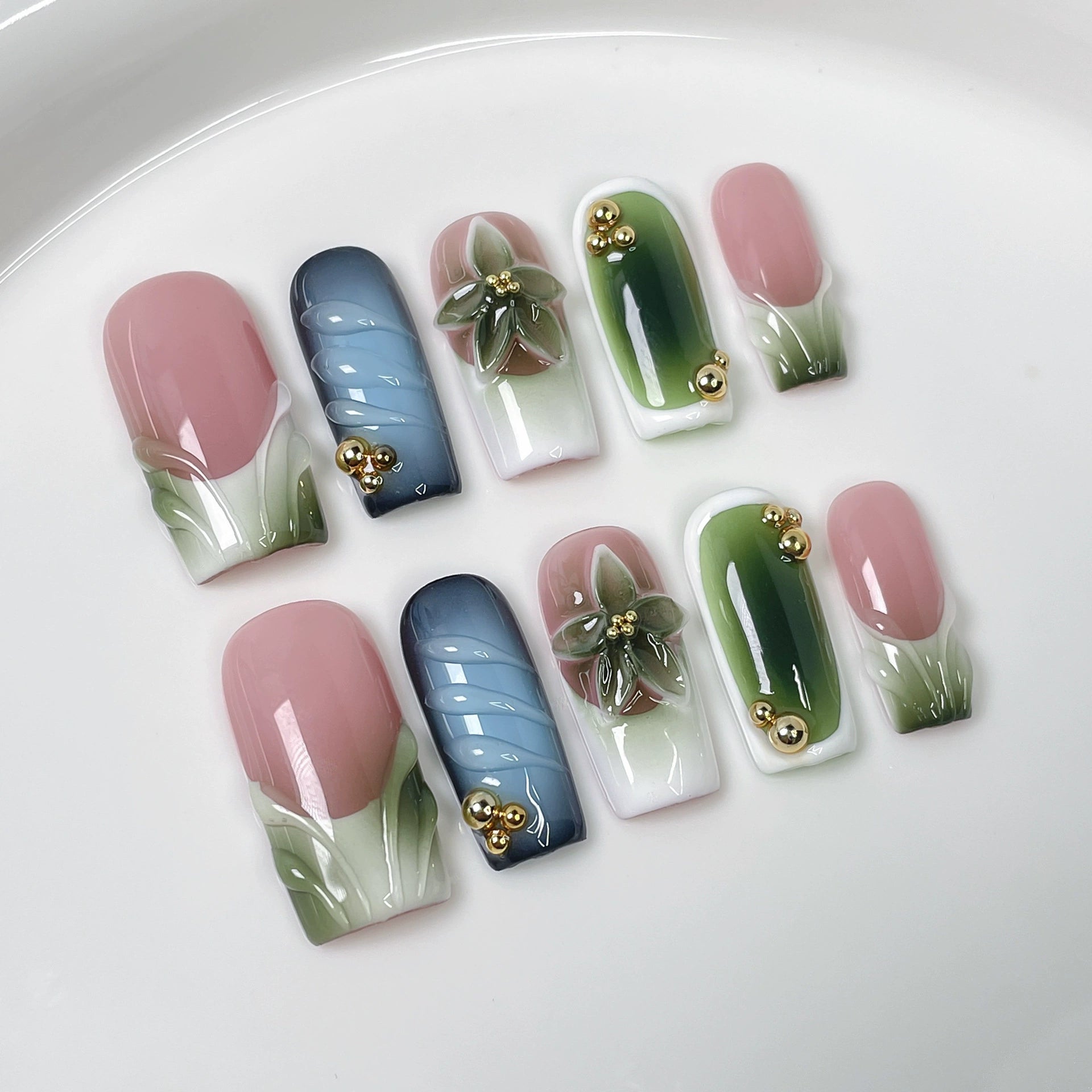Pastel Garden Bloom - Floral Press-On Nails | 3D Gradient Nail Art for Spring Picnic & Tea Party | Elegant Gold Bead Nails with Pink, Blue & Green Tones