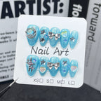 Sparkling Aqua Blue Press-On Nails with Stars, Moon & Pearls | Dreamy Ocean & Starry Sky Nail Art for Summer & Parties