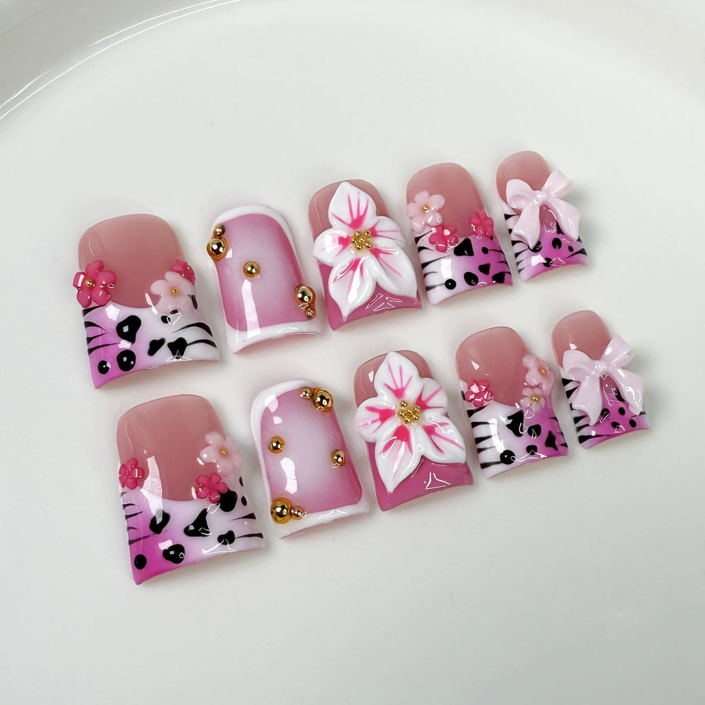 Pink Leopard & Zebra Print Press-On Nails | 3D Flower & Bow Nail Art with Gold Beads | Sweet Punk Mixed-Style Nails for Party & Valentine’s Day