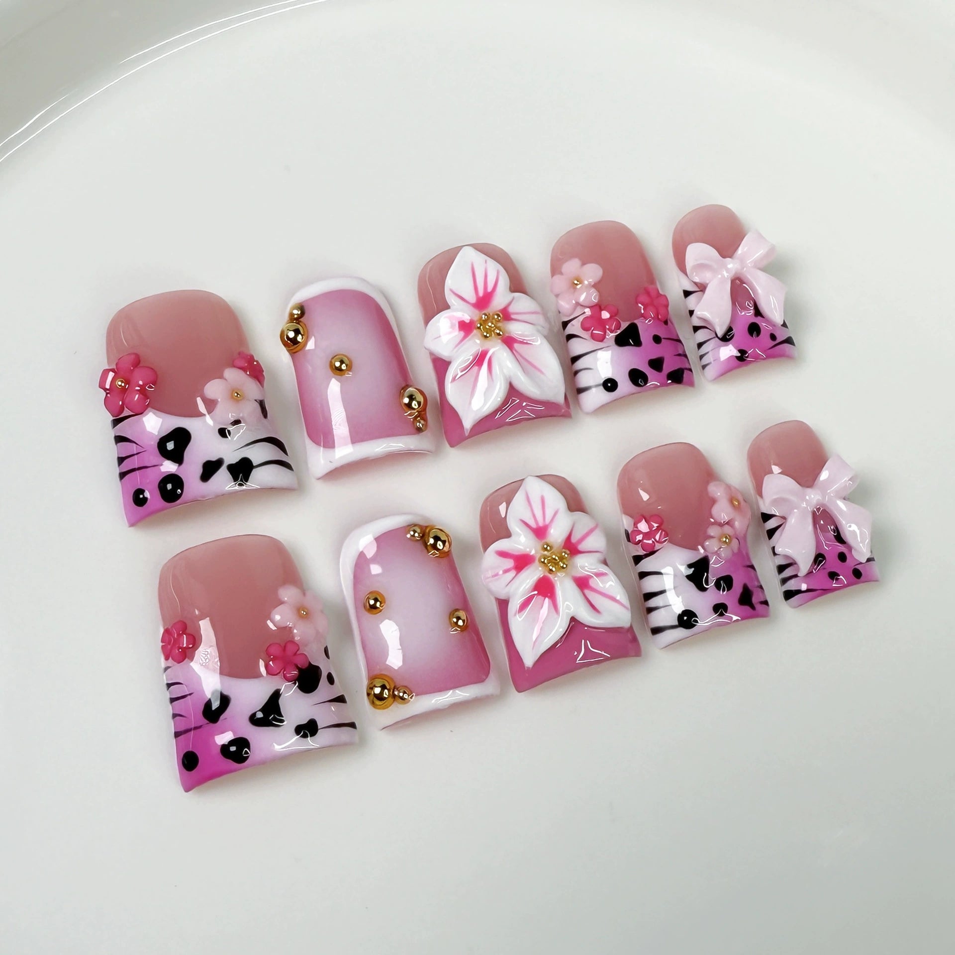 Pink Leopard & Zebra Print Press-On Nails | 3D Flower & Bow Nail Art with Gold Beads | Sweet Punk Mixed-Style Nails for Party & Valentine’s Day