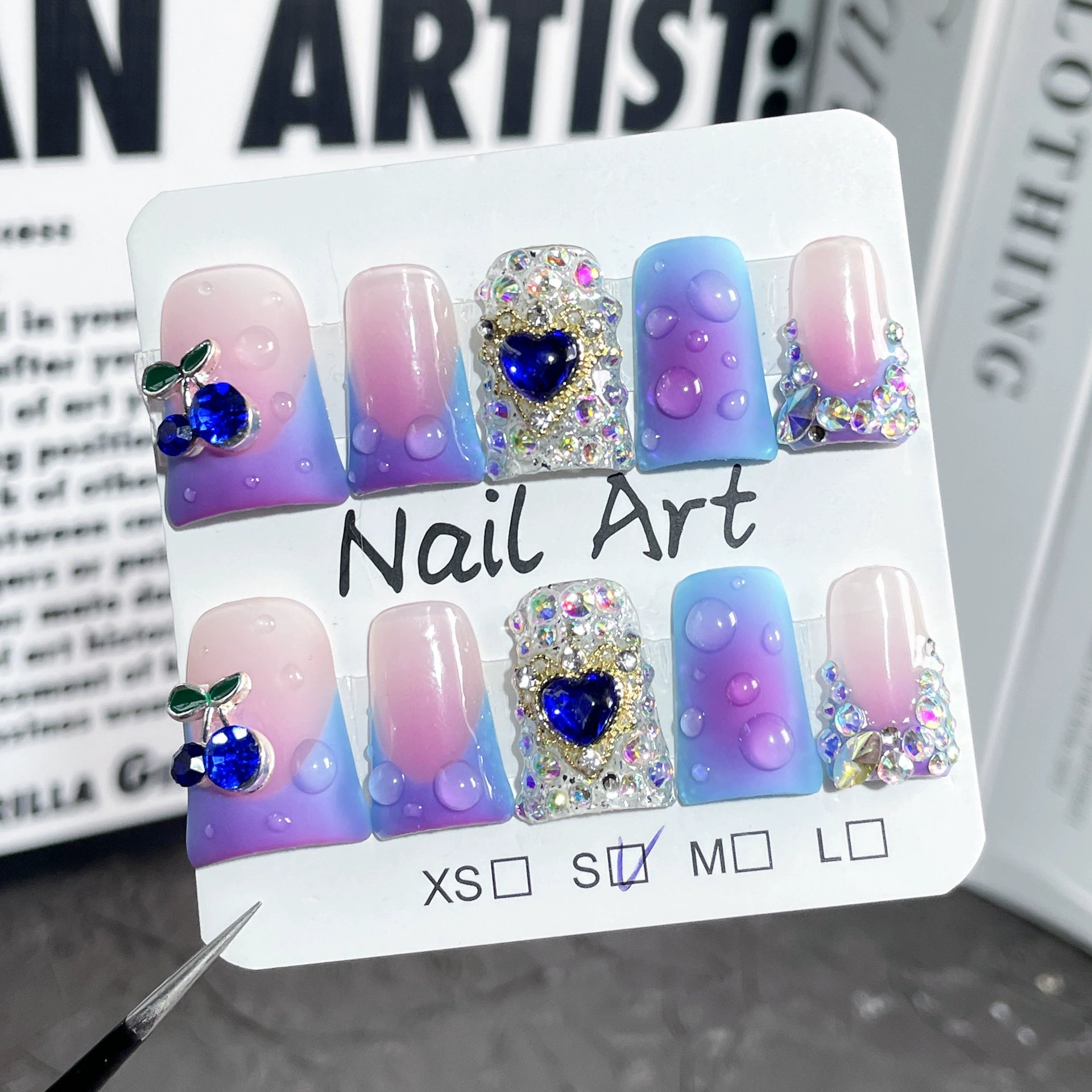 Dreamy Sweet & Edgy Purple-Blue Gradient Nails | 3D Cherry & Water Drop Press-On Nails with Rhinestones & Heart Gems | Festival, Party, Halloween Nail Art
