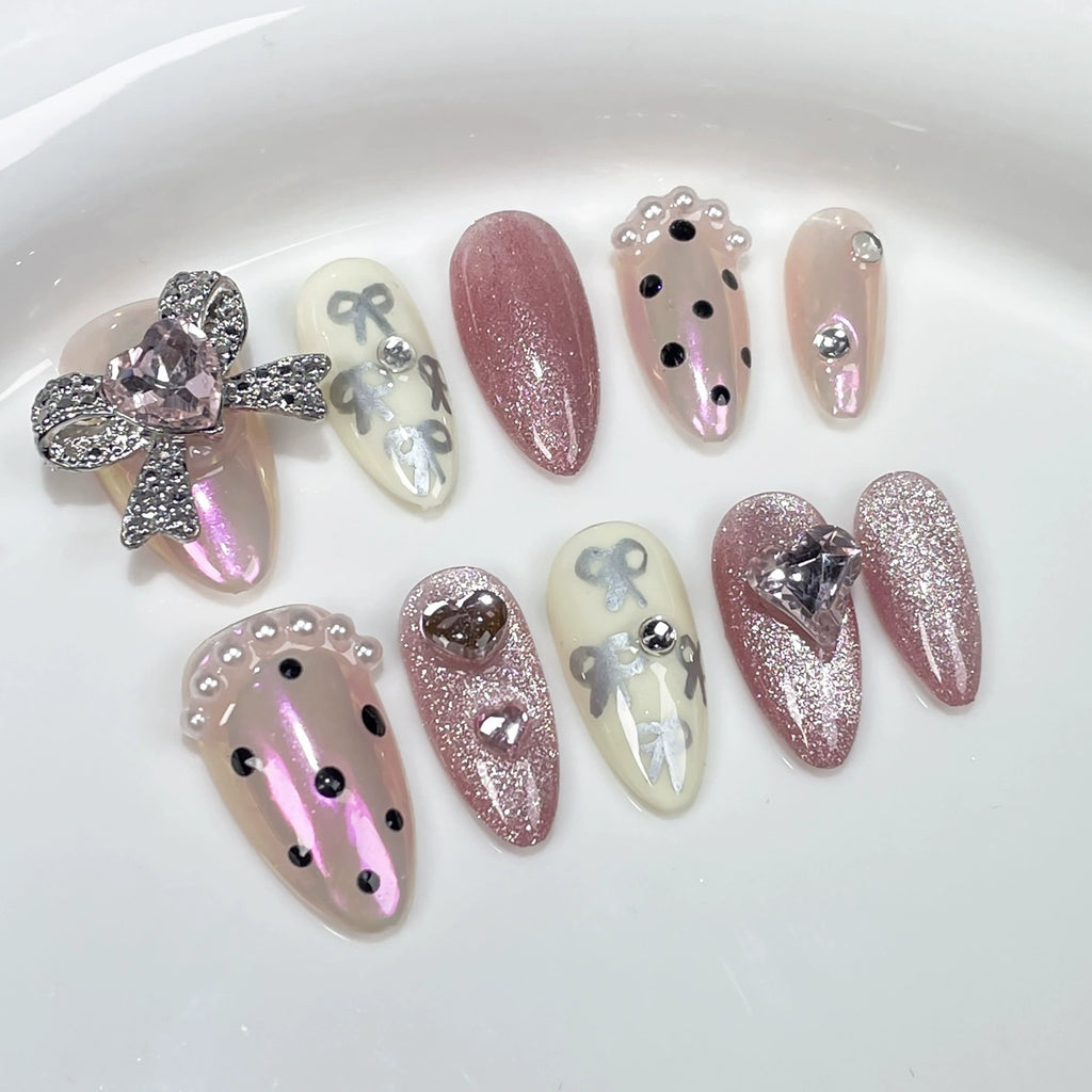 Pink & Nude Glitter Nails with Bows, Heart Rhinestones & Pearls | Press-On Nail Art for Birthday, Wedding & Party