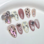 Pink & Nude Glitter Nails with Bows, Heart Rhinestones & Pearls | Press-On Nail Art for Birthday, Wedding & Party