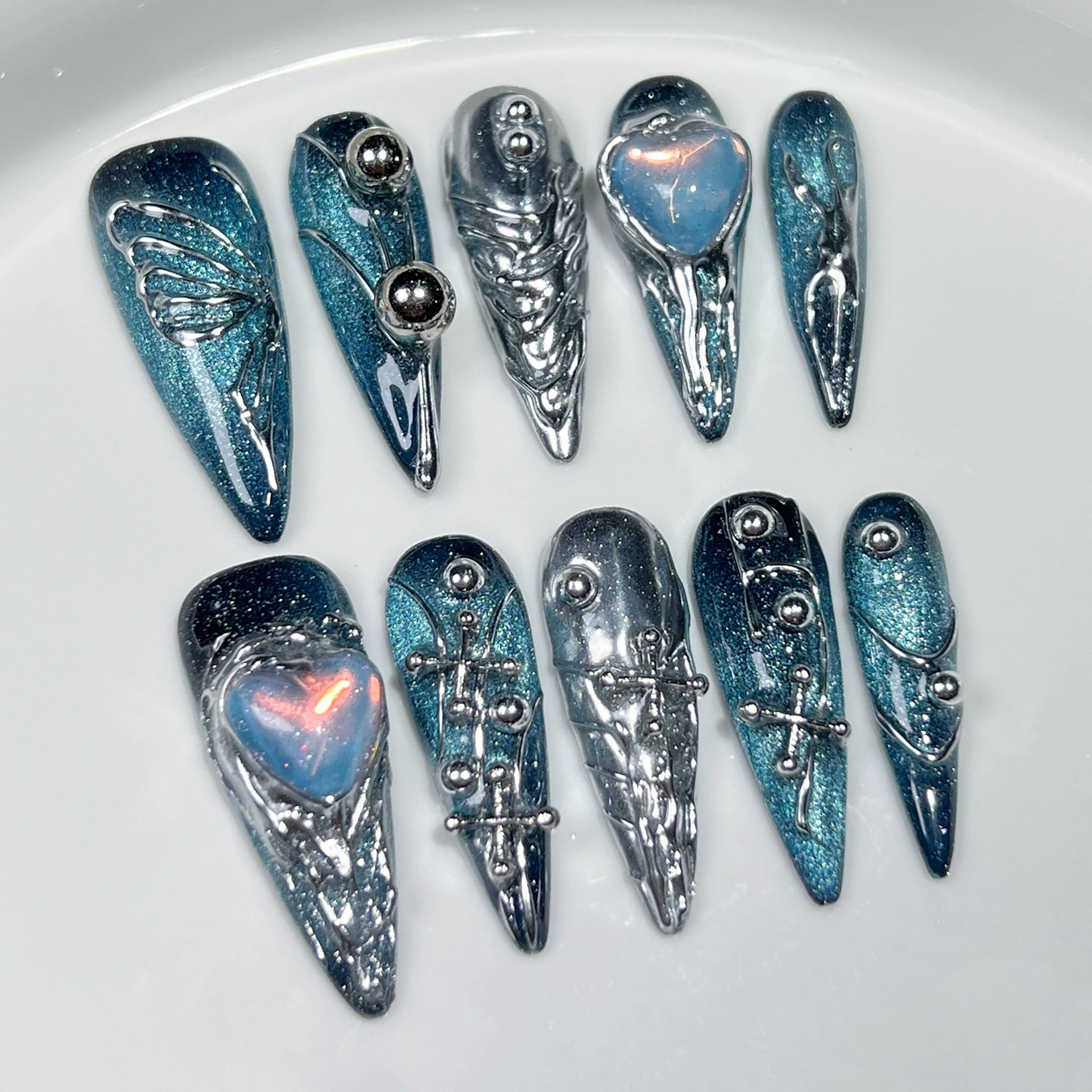 Blue Silver Press-On Nails | Futuristic Romantic Butterfly Nail Art with Iridescent Heart Gems | Perfect for Party, Valentine’s Day & New Year