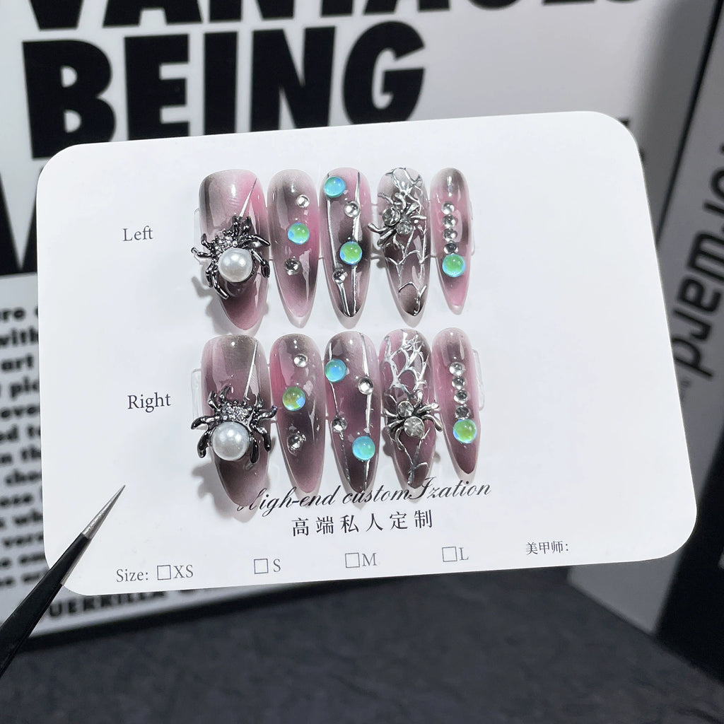 Purple & Pink Gradient Press-On Nails - 3D Spider & Web Accents | Gothic Dark Glam Nails for Halloween Party