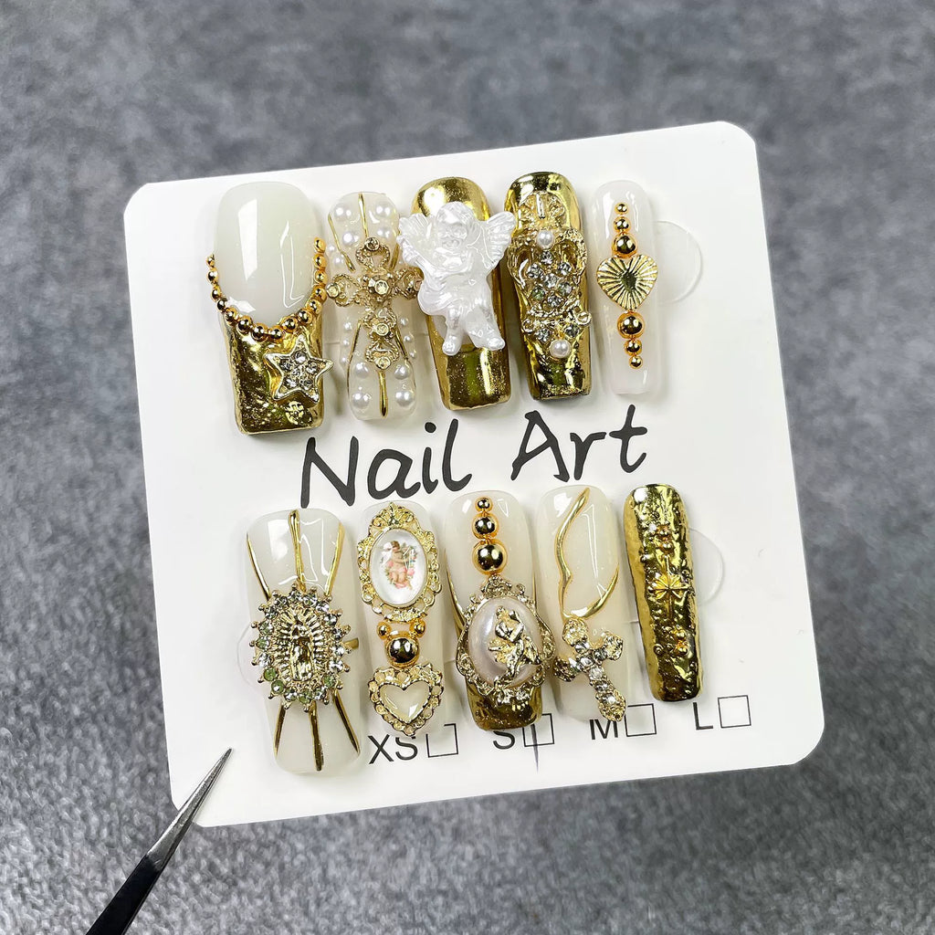 Elegant Baroque Pearl - Angel Press-On Nails |3D Luxury Nail Art for Wedding& Party | Gold Metallic Cross Rhinestone Nails with Vintage Cameo Accents