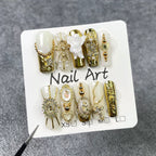 Elegant Baroque Pearl - Angel Press-On Nails |3D Luxury Nail Art for Wedding& Party | Gold Metallic Cross Rhinestone Nails with Vintage Cameo Accents