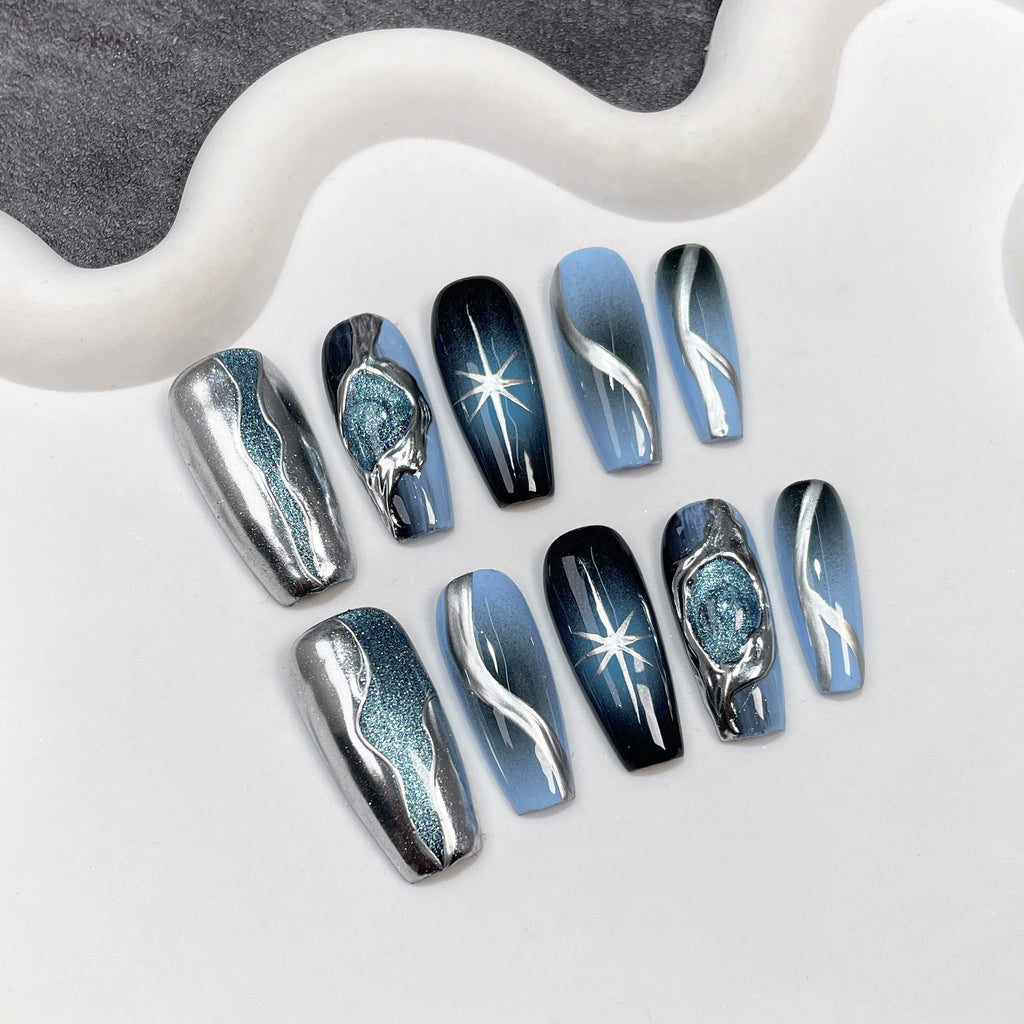 Futuristic Sci-Fi Press-On Nails - Blue & Black Gradient with Silver Metallic Lines, Glitter & Star Patterns | Cool Nail Design for Tech Shows, Runway & Themed Parties