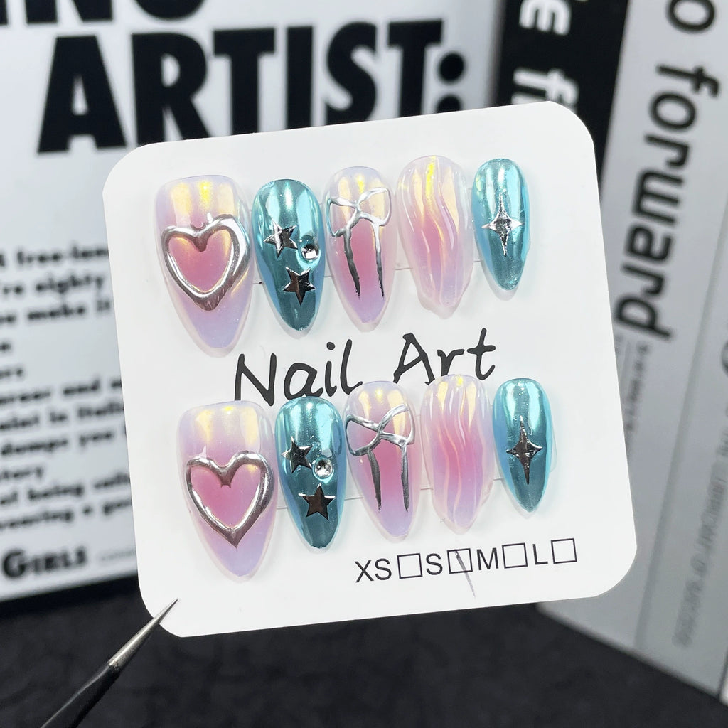 Dreamy Pop - Iridescent Gradient Press-On Nails with Silver Heart, Star & Bow Accents | Sweet Cool Nail Art for Festival & Party