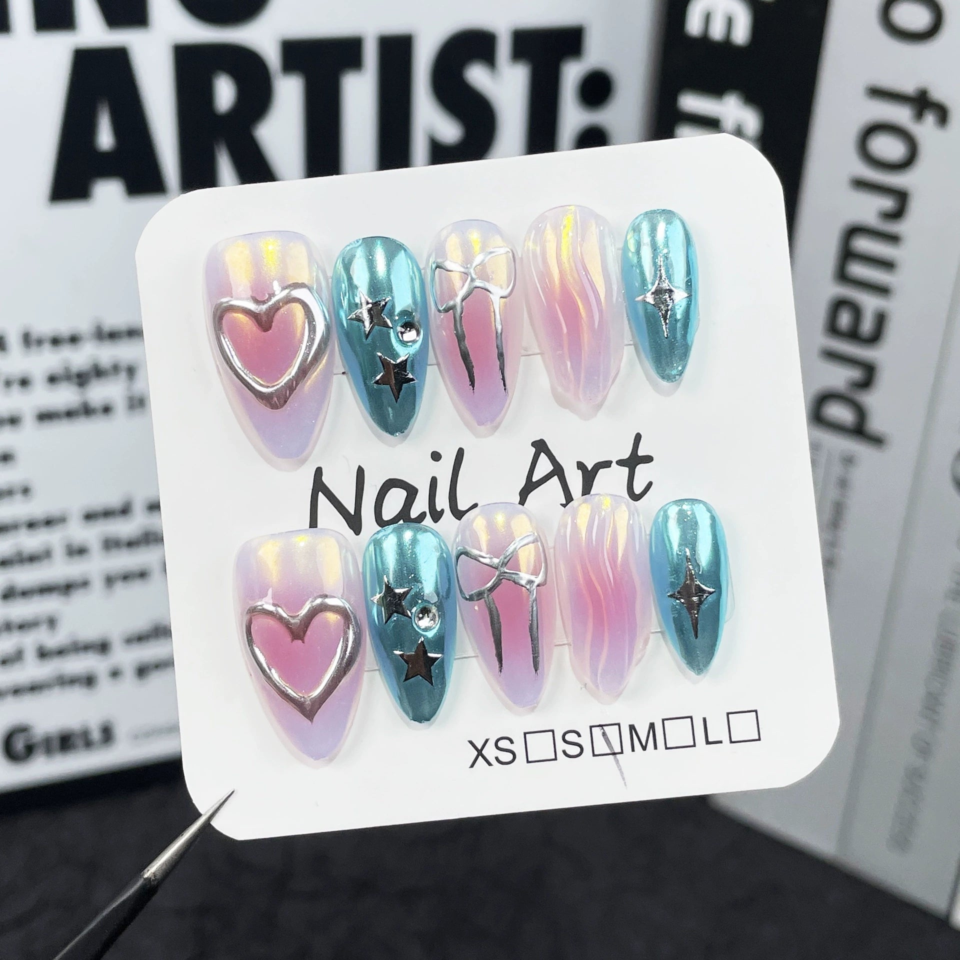 Dreamy Pop - Iridescent Gradient Press-On Nails with Silver Heart, Star & Bow Accents | Sweet Cool Nail Art for Festival & Party