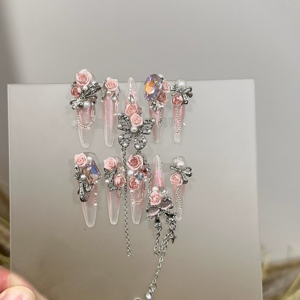 Luxury Romantic Palace Press-On Nails - Transparent Pink with 3D Flowers, Metal Bows, Crystals & Pearls | Wedding & Elegant Party Nail Art