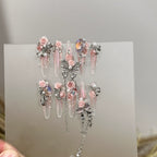 Luxury Romantic Palace Press-On Nails - Transparent Pink with 3D Flowers, Metal Bows, Crystals & Pearls | Wedding & Elegant Party Nail Art